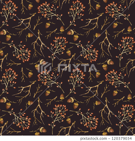 Tree branches, viburnum berry, acorns, seamless watercolor pattern. All objects are hand painted with watercolor. Suitable for printing on fabric, paper, wrapping paper, scrapbooking and cards. Tree branches, viburnum berry, acorns, seamless watercolor pattern. All objects are hand painted with watercolor. Suitable for printing on fabric, paper, wrapping paper, scrapbooking and cards. 120379034