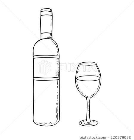 Wine bottle and glass black and white simple vector drawing. Monochrome ink sketch for kosher Kiddush designs and celebrations of Purim, Passover Seder and Shabbat dinner 120379058