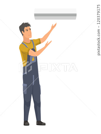 Air conditioner service technician working, flat vector illustration isolated on white background. Cooling system repair, cleaning, maintenance and installation. Air conditioner service technician working, flat vector illustration isolated on white background. Cooling system repair, cleaning, maintenance and installation. 120379175