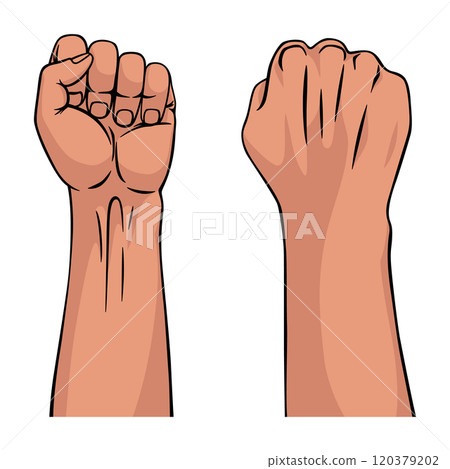 Rised fist hand gesture drawn emblem. Vector hand clenched into fist and rising up, symbol isolated on white background. Power sign. Human hand up in the air 120379202