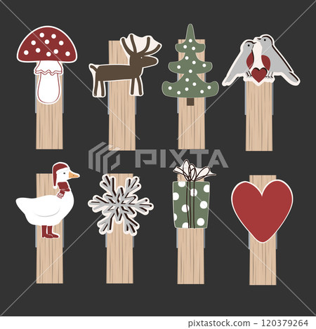 Small Wooden Clothes Peg collection. Set of winter decorated clothespins. Isolated Christmas mood design element. Vector illustration Small Wooden Clothes Peg collection. Set of winter decorated clothespins. Isolated Christmas mood design element. Vector illustration 120379264