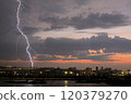 Lightning strikes over a city skyline during a dramatic sunset with stormy clouds looming 120379270