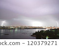 Dramatic lightning storm lights up the city skyline over the river at night 120379271