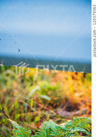 Morning dew on a guardrail [Nagano Prefecture] 120379365