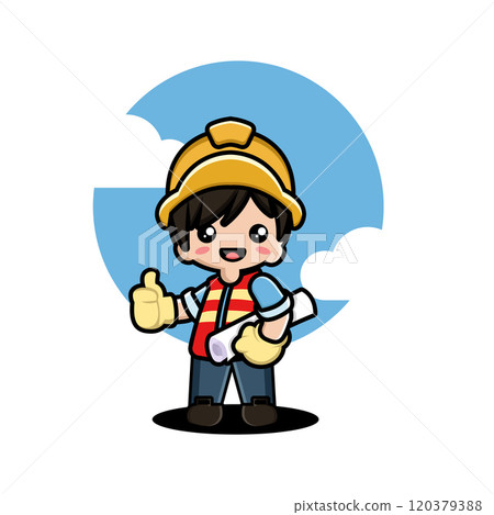 A cheerful cartoon construction worker with a helmet, vest, and blueprint, giving a thumbs up A cheerful cartoon construction worker with a helmet, vest, and blueprint, giving a thumbs up 120379388