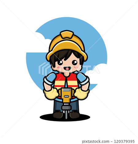 Cartoon construction worker with a helmet, safety vest, and jackhammer against a blue sky background. 120379395