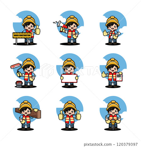 Set of cartoon construction worker with a helmet Set of cartoon construction worker with a helmet 120379397
