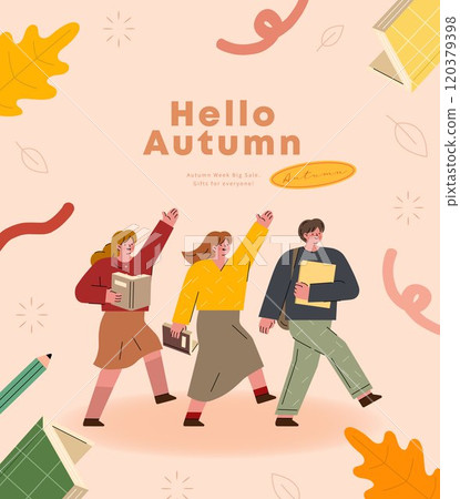 Hello autumn. Group of happy students walking with books and talking. Vector illustration. 120379398