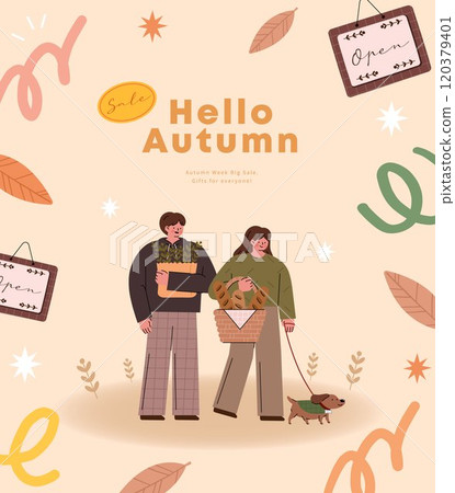 Hello autumn. Vector illustration of a man and a woman with a basket of food. 120379401