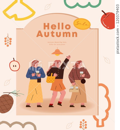 Hello autumn. Cute women drinking coffee. Vector illustration in flat style. 120379403