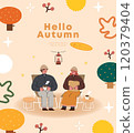 Hello autumn. People sitting in camping and drinking coffee. Vector illustration. 120379404