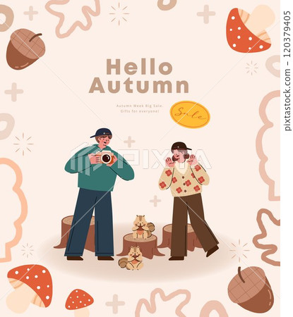 Autumn season. Happy family with autumn leaves and acorns. Vector illustration. 120379405