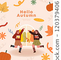 Hello autumn greeting card with cute girls in autumn clothes. Vector illustration. 120379406