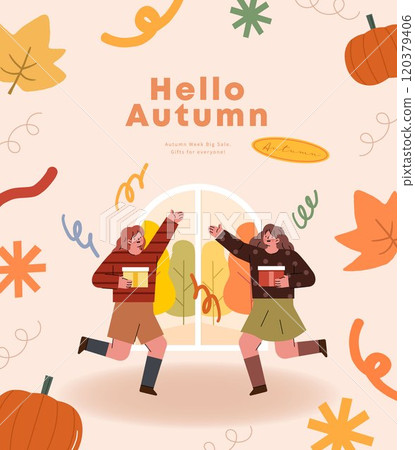 Hello autumn greeting card with cute girls in autumn clothes. Vector illustration. Hello autumn greeting card with cute girls in autumn clothes. Vector illustration. 120379406