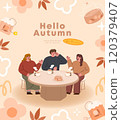 Hello autumn vector illustration. Cute cartoon people sitting at table in cafe and drinking tea. 120379407
