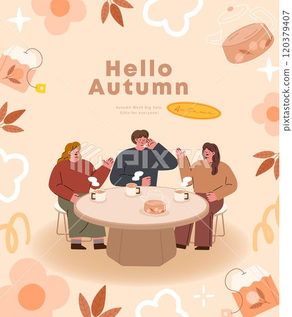 Hello autumn vector illustration. Cute cartoon people sitting at table in cafe and drinking tea. Hello autumn vector illustration. Cute cartoon people sitting at table in cafe and drinking tea. 120379407