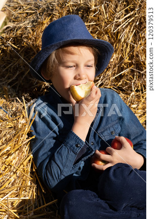 Boy sitting on the bales of straw and eating an apple. Healthy Eating Boy sitting on the bales of straw and eating an apple. Healthy Eating 120379513
