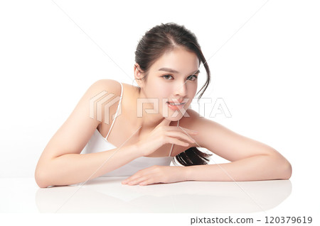 Beautiful young asian woman with clean fresh skin on white background, Face care, Facial treatment, Cosmetology, beauty and spa, Asian women portrait. Beautiful young asian woman with clean fresh skin on white background, Face care, Facial treatment, Cosmetology, beauty and spa, Asian women portrait. 120379619