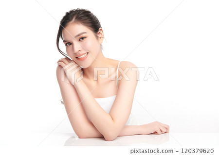 Beautiful young asian woman with clean fresh skin on white background, Face care, Facial treatment, Cosmetology, beauty and spa, Asian women portrait. Beautiful young asian woman with clean fresh skin on white background, Face care, Facial treatment, Cosmetology, beauty and spa, Asian women portrait. 120379620