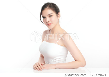 Beautiful young asian woman with clean fresh skin on white background, Face care, Facial treatment, Cosmetology, beauty and spa, Asian women portrait. Beautiful young asian woman with clean fresh skin on white background, Face care, Facial treatment, Cosmetology, beauty and spa, Asian women portrait. 120379621