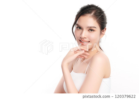Beautiful young asian woman with clean fresh skin on white background, Face care, Facial treatment, Cosmetology, beauty and spa, Asian women portrait. Beautiful young asian woman with clean fresh skin on white background, Face care, Facial treatment, Cosmetology, beauty and spa, Asian women portrait. 120379622