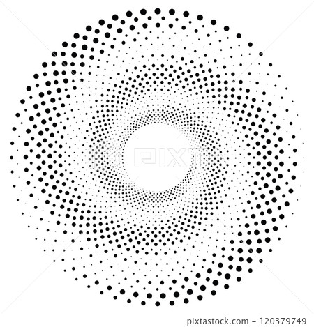 Black round halftone texture. Dotted radial swirl or tornado shape. Gradient circle. Pop art retro style. 120379749