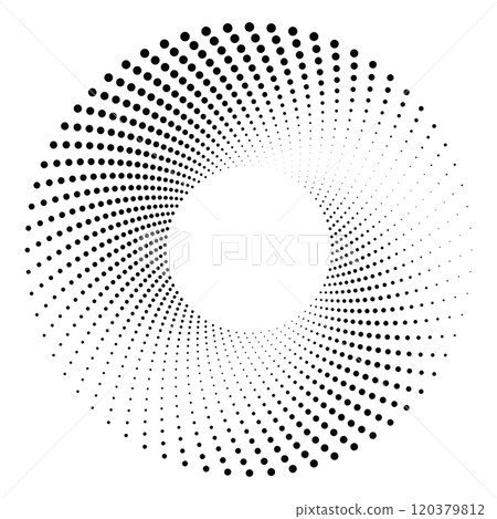 Black round halftone texture. Dotted radial swirl or tornado shape. Gradient circle. Pop art retro style. 120379812