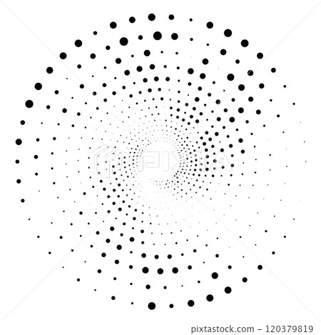 Black round halftone texture. Dotted radial swirl or tornado shape. Gradient circle. Pop art retro style. Black round halftone texture. Dotted radial swirl or tornado shape. Gradient circle. Pop art retro style. 120379819