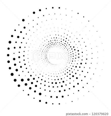 Black round halftone texture. Dotted radial swirl or tornado shape. Gradient circle. Pop art retro style. Black round halftone texture. Dotted radial swirl or tornado shape. Gradient circle. Pop art retro style. 120379820