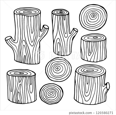wooden lumber, simple doodle style illustration. set of wood cuts 120380271