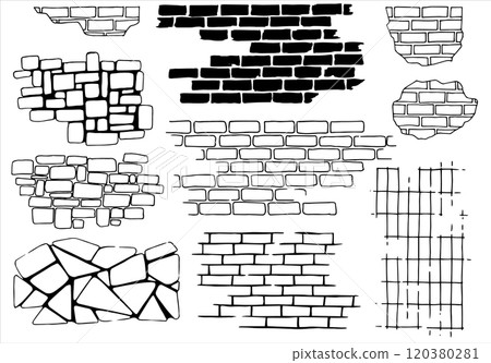 set of brick and stone wall textures, linear drawing in doodle style. 120380281