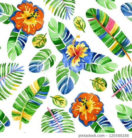 seamless pattern of colorful, bright flowers and tropical leaves. abstraction, psychedelic print 120380288
