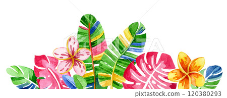 seamless border of colorful, bright flowers and tropical leaves. abstraction, psychedelic frame seamless border of colorful, bright flowers and tropical leaves. abstraction, psychedelic frame 120380293