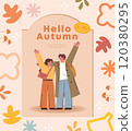 Hello autumn greeting card with happy family. Vector illustration in flat style. 120380295