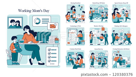 Working Mom's Day set. Illustration of a multitasking mother balancing work, home, and parenting. Daily routine from breakfast to relaxation. Vector illustration. 120380376