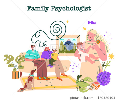 Hera Family Psychologist concept. A diverse family interacts with a modern representation of Hera symbolizing guidance. Emotional well-being in a homely setting. Vector illustration. 120380403