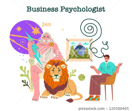Zeus concept. Greek mythology meets modern therapy with the king of gods as a business psychologist. Counseling session, leadership, wisdom. Vector illustration. 120380405