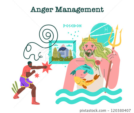 Poseidon Anger Management Concept. A mythological scene with Poseidon learning to control his rage, featuring a therapist and calming seascape. Vector illustration. 120380407