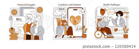 Retirement Challenges set. Elderly financial concerns, loneliness in aging, and senior health care issues. Conceptual scenes for life's later hurdles. Vector illustration. Retirement Challenges set. Elderly financial concerns, loneliness in aging, and senior health care issues. Conceptual scenes for life's later hurdles. Vector illustration. 120380414