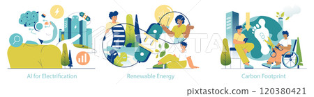 Electrification set. Depiction of AI aiding electrification, the harnessing of renewable energy, and reducing carbon footprint. Sustainable technology integration. Vector illustration. Electrification set. Depiction of AI aiding electrification, the harnessing of renewable energy, and reducing carbon footprint. Sustainable technology integration. Vector illustration. 120380421
