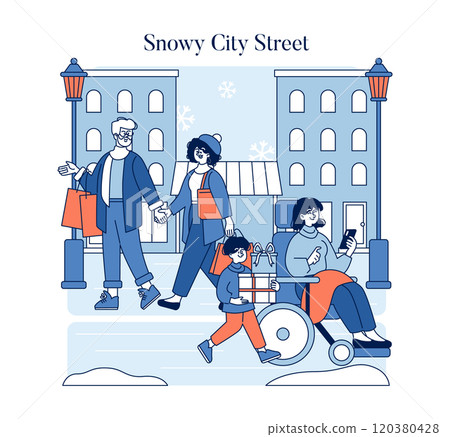 Hello Winter concept. Animated family enjoys a shopping trip in a tranquil snowy city street. Seasonal urban scene with playful snowflakes. Vector illustration. Hello Winter concept. Animated family enjoys a shopping trip in a tranquil snowy city street. Seasonal urban scene with playful snowflakes. Vector illustration. 120380428