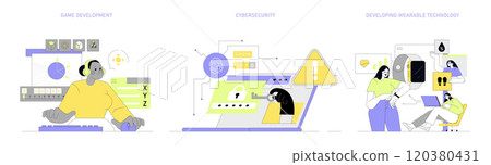 Women in tech vector illustration set. Female professionals in game development, cybersecurity, and wearable technology. Creativity, security, and innovation themes. Vector illustration. 120380431