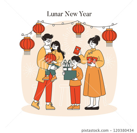 Lunar New Year celebration with family exchanging gifts under red lanterns. Joyful festive gathering for a traditional holiday occasion. Vector illustration. Lunar New Year celebration with family exchanging gifts under red lanterns. Joyful festive gathering for a traditional holiday occasion. Vector illustration. 120380434