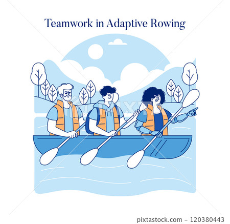 Adaptive Rowing illustration. Three athletes with disabilities in unison, engaging in the teamwork sport of rowing. Vector illustration. Adaptive Rowing illustration. Three athletes with disabilities in unison, engaging in the teamwork sport of rowing. Vector illustration. 120380443