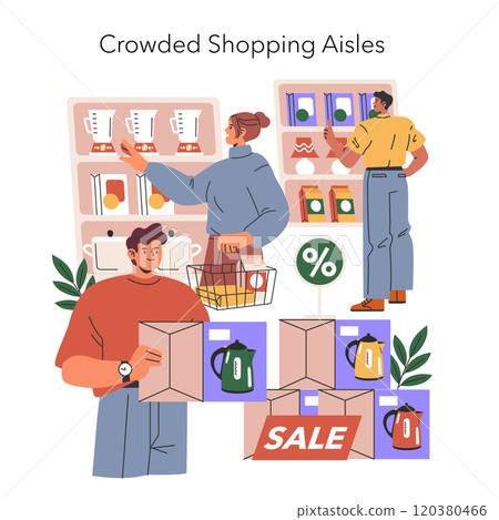 Black Friday concept. Shoppers grab deals in a busy store with sale signs, discounts, and a festive mood. Crowded aisles reflecting consumer excitement. Vector illustration. 120380466