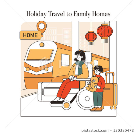 Lunar New Year journey illustration. A family embarks on a train ride home, surrounded by festive lantern decor. Celebrating family unity and tradition. Vector illustration. Lunar New Year journey illustration. A family embarks on a train ride home, surrounded by festive lantern decor. Celebrating family unity and tradition. Vector illustration. 120380478