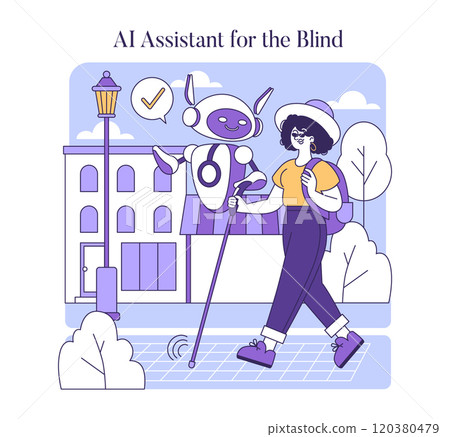 AI Assistant for the Blind concept. An illustration showcasing a robot aiding a visually impaired person with navigation in an urban setting. Accessibility technology assistance. Vector illustration. AI Assistant for the Blind concept. An illustration showcasing a robot aiding a visually impaired person with navigation in an urban setting. Accessibility technology assistance. Vector illustration. 120380479