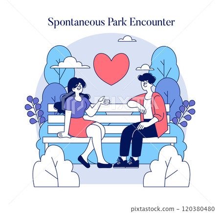 A lively and colorful illustration showcasing a couple enjoying a spontaneous and joyful meeting in a park A lively and colorful illustration showcasing a couple enjoying a spontaneous and joyful meeting in a park 120380480