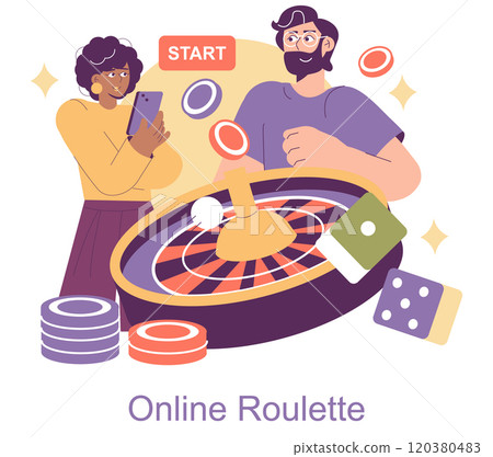 iGaming concept. Players engage in online roulette, showcasing excitement for virtual casino gaming with digital devices and chips. Vector illustration. 120380483