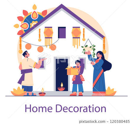 Diwali celebration vector. A family decorates their home with festive lights, lanterns, and traditional elements. Cultural, ritual preparation in welcoming the festival of lights. Vector illustration. Diwali celebration vector. A family decorates their home with festive lights, lanterns, and traditional elements. Cultural, ritual preparation in welcoming the festival of lights. Vector illustration. 120380485